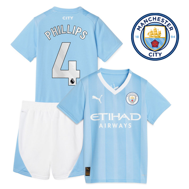 Billige Fodboldtrøjer Manchester City Børn Hjemmebanetrøje 23/24 Kortærmet med Phillips 4 tryk