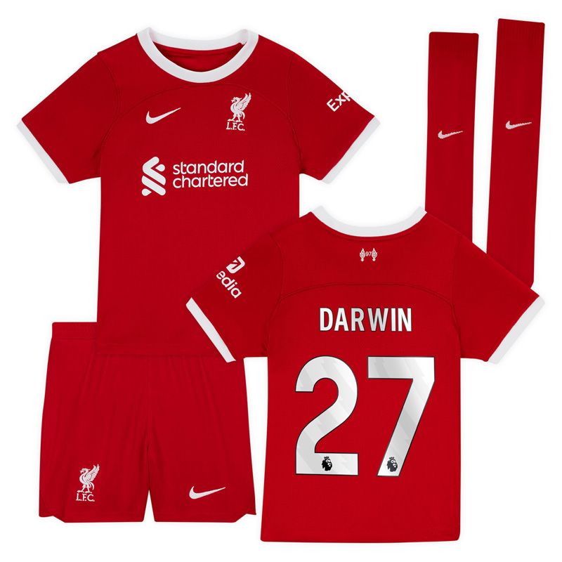 Liverpool Børn Hjemmebanetrøje 2023/24 Rød Kortærmet med Darwin 27 tryk