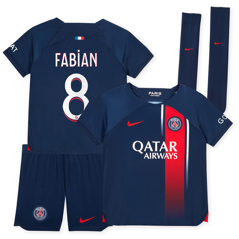 PSG Hjemmebanetrøje 2023/24 Børn Kortærmet + korte bukser med FABiAN 8 tryk