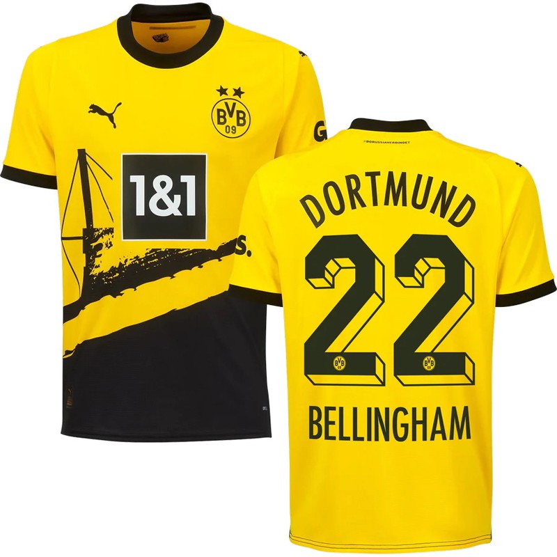 Bellingham 22 Borussia Dortmund Hjemmebane fodboldtrøjer 23/24 Sort Gul Kortærmet