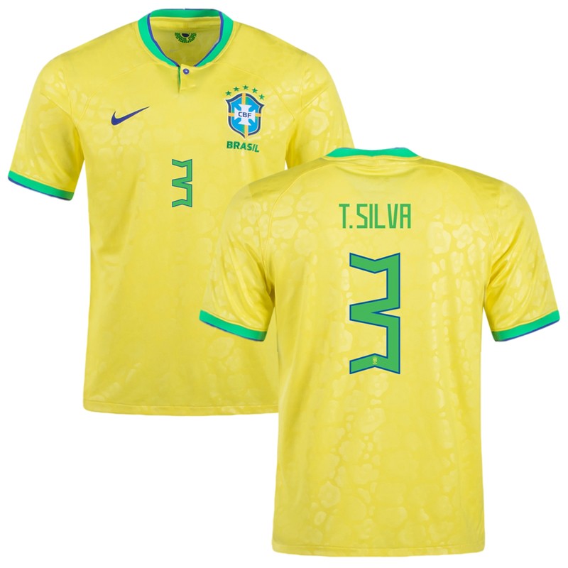 Brasilien Hjemmebanetrøje VM 2022 Gul Kortærmet T. Silva 3