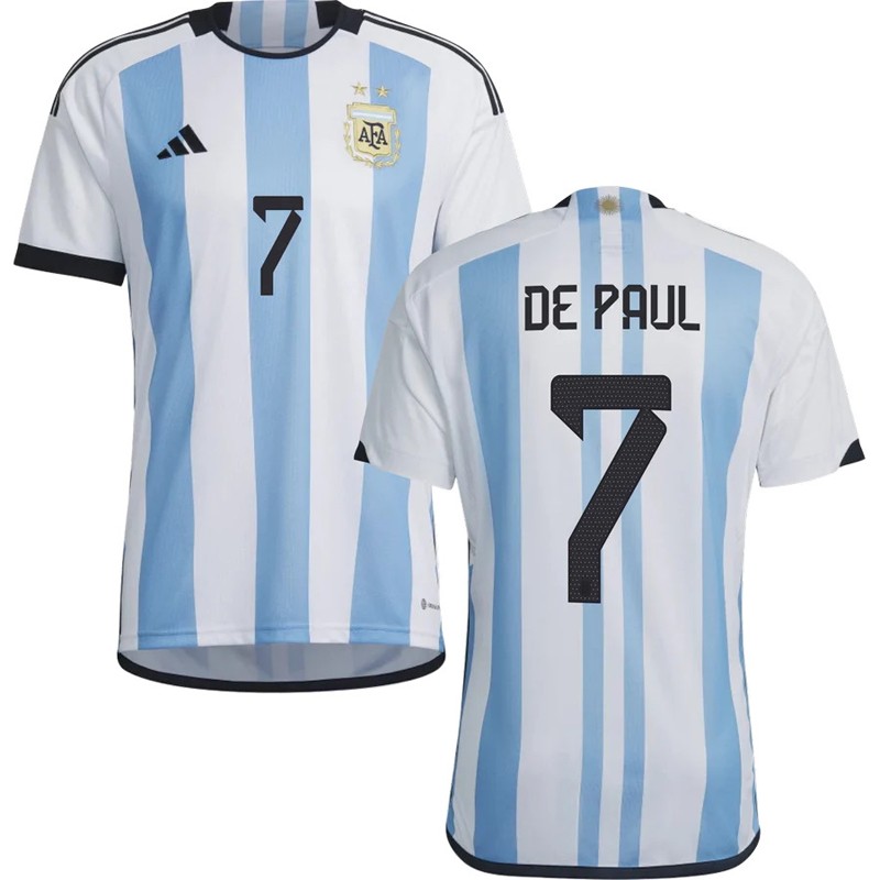 De Paul 7 Argentina Hjemmebanetrøje VM 2022 Hvid Blå Kortærmet