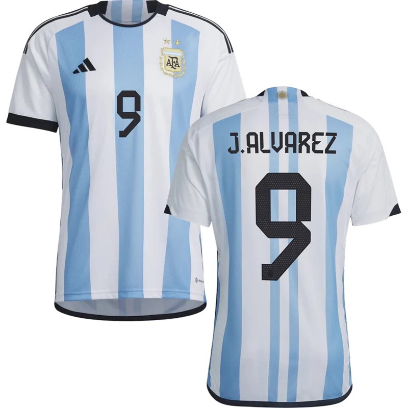 J.Alvarez 9 Argentina Hjemmebanetrøje VM 2022 Hvid Blå Kortærmet