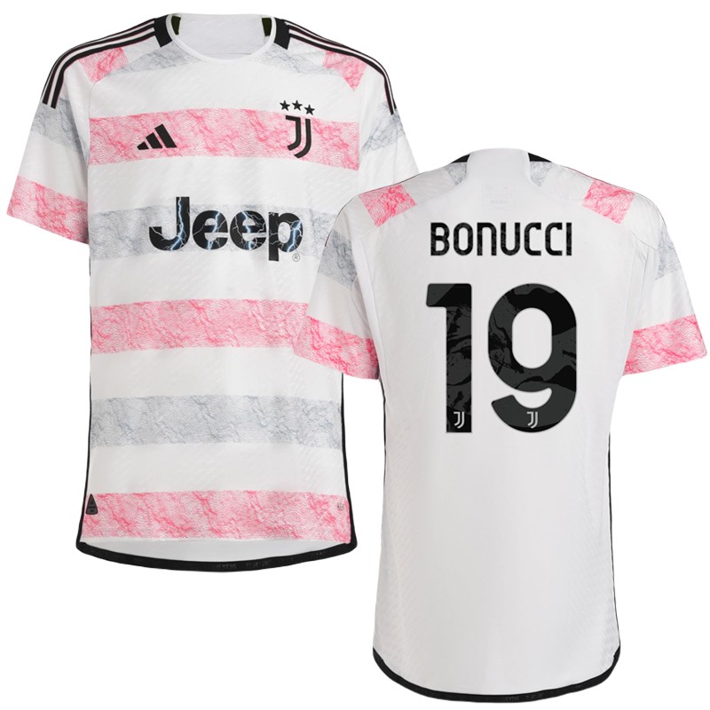Juventus Udebanetrøje 23/24 Hvid Pink Kortærmet med Bonucci 19 tryk