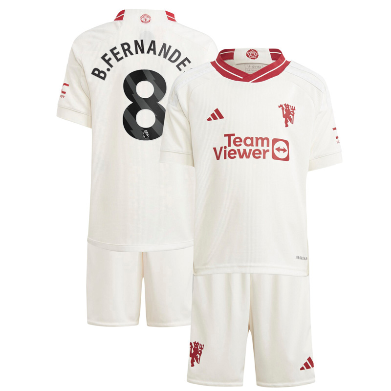 B.Fernandes 8 Manchester United 3. Trøje 23/24 Hvid Kortærmet + korte bukser til børn