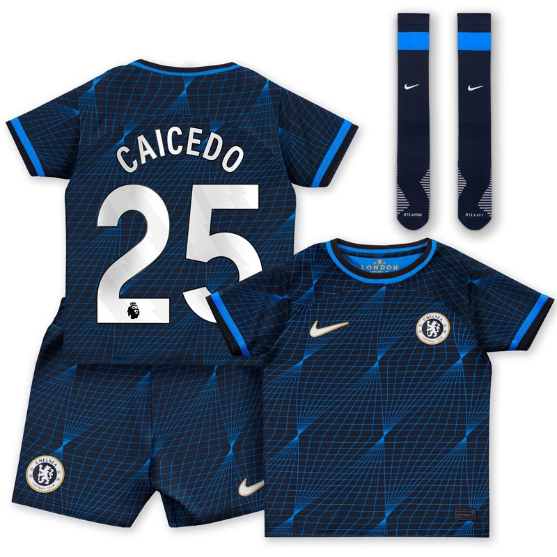 Chelsea Udebanetrøje 2023-2024 Børn Kortærmet + korte bukser Caicedo 25