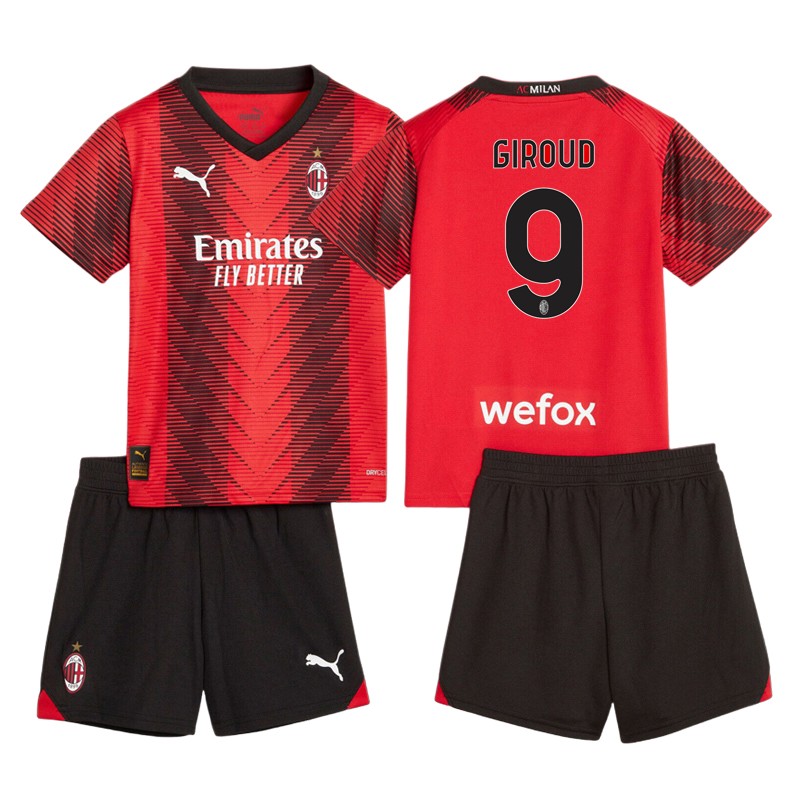 Giroud 9 AC Milan Børn Hjemmebanetrøje 2023/24 Rød Kortærmet + korte bukser