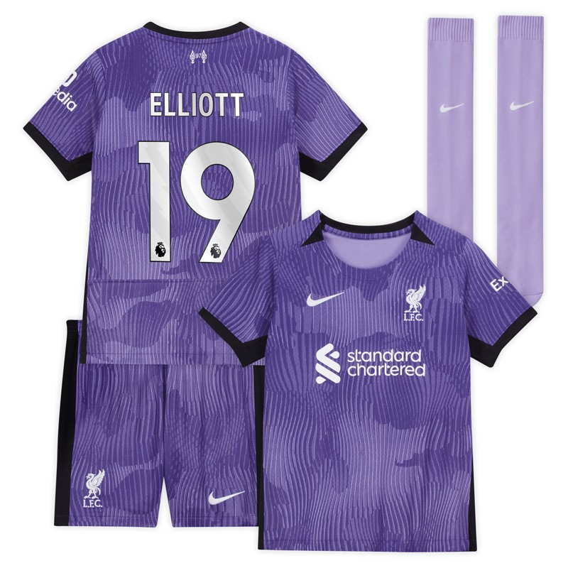 Liverpool 3. Trøje Børn 2023/24 Kortærmet + korte bukser med Elliott 19 tryk