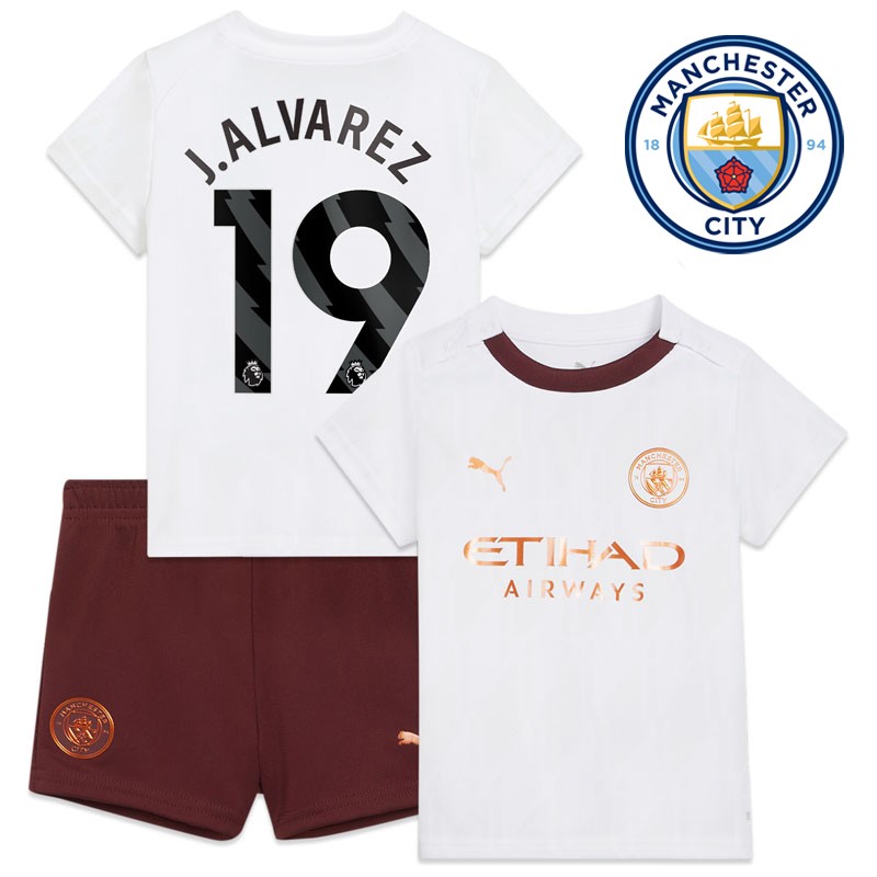 Manchester City Børn Udebanetrøje 23/24 Kortærmet + korte bukser J.Alvarez 19