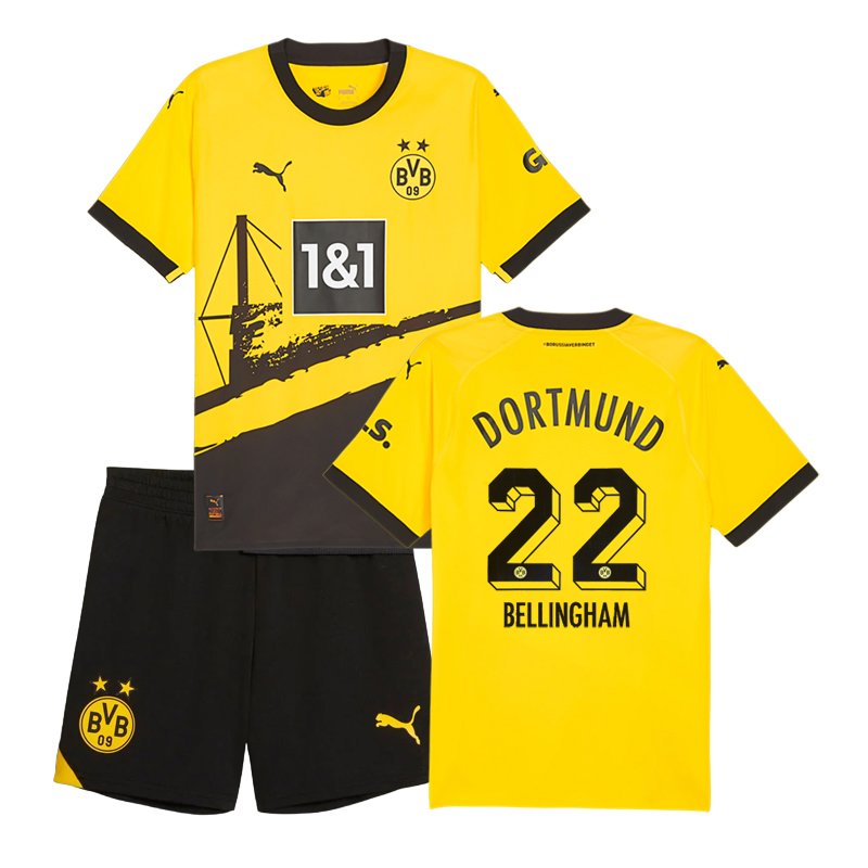 BVB Dortmund Hjemmebanetrøje 23/24 Børn Kortærmet med Bellingham 22 tryk