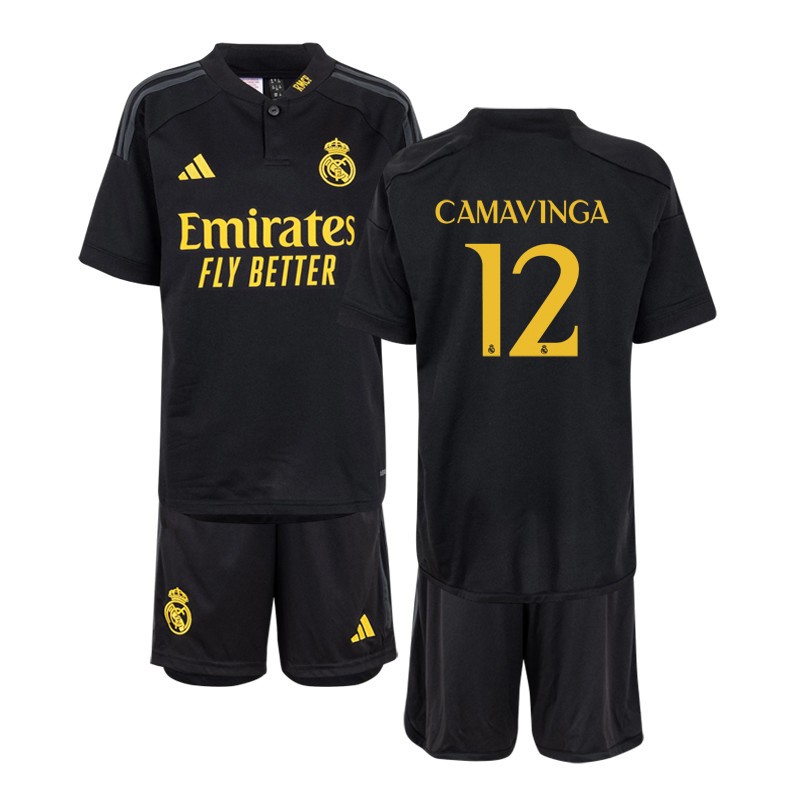 Camavinga 12 Real Madrid 2023/24 Tredjetrøje Sort Kortærmet Kit til Børn