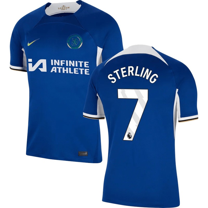 Chelsea Sterling 7 Hjemmebanetrøje 2023/24 Blå Kortærmet med Infinite Athlete branding