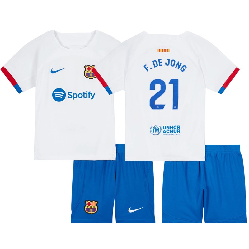 F.De Jong 21 Barcelona 2023/24 Udebanetrøje Hvid Kortærmet + blå Korte bukser til børn