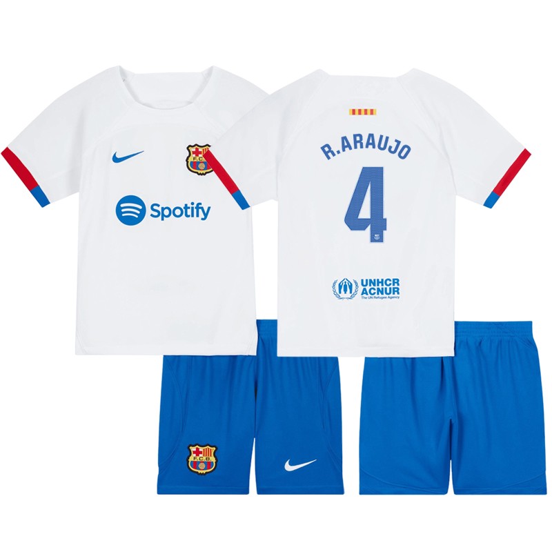 FC Barcelona 23/24 Børn Udebanetrøje R.Araujo 4 Hvid Kortærmet + Blå Korte bukser
