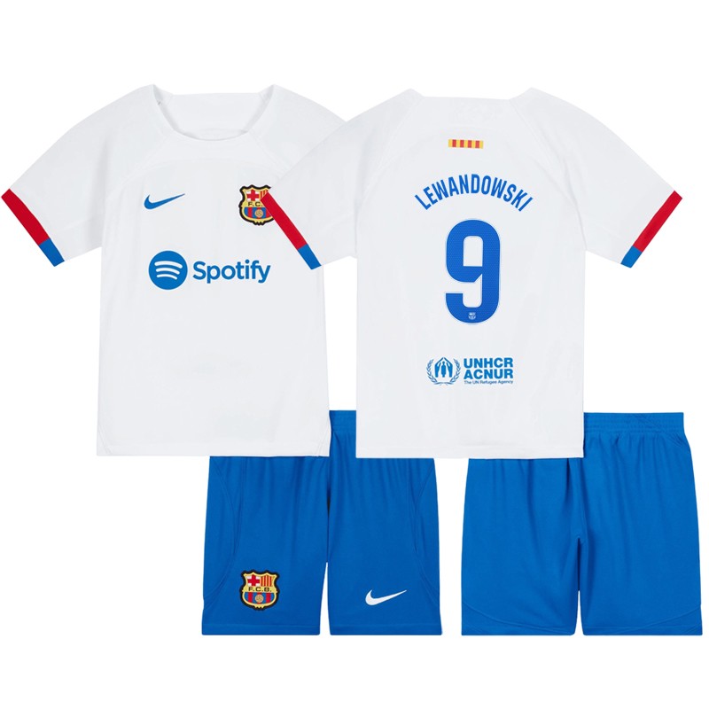 FC Barcelona Udebane trøje børn 23-24 Hvid Kortærmet med Lewandowski 9 tryk