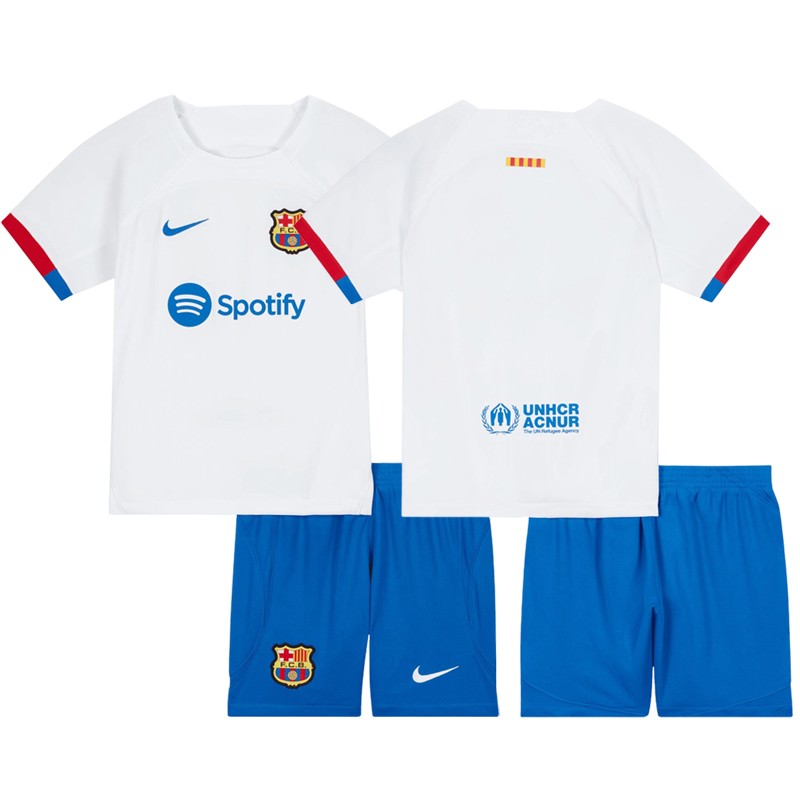 Fodboldtrøjer Børn Barcelona Udebanetrøje 2023/24 Hvid Kortærmet + Blå Korte bukser