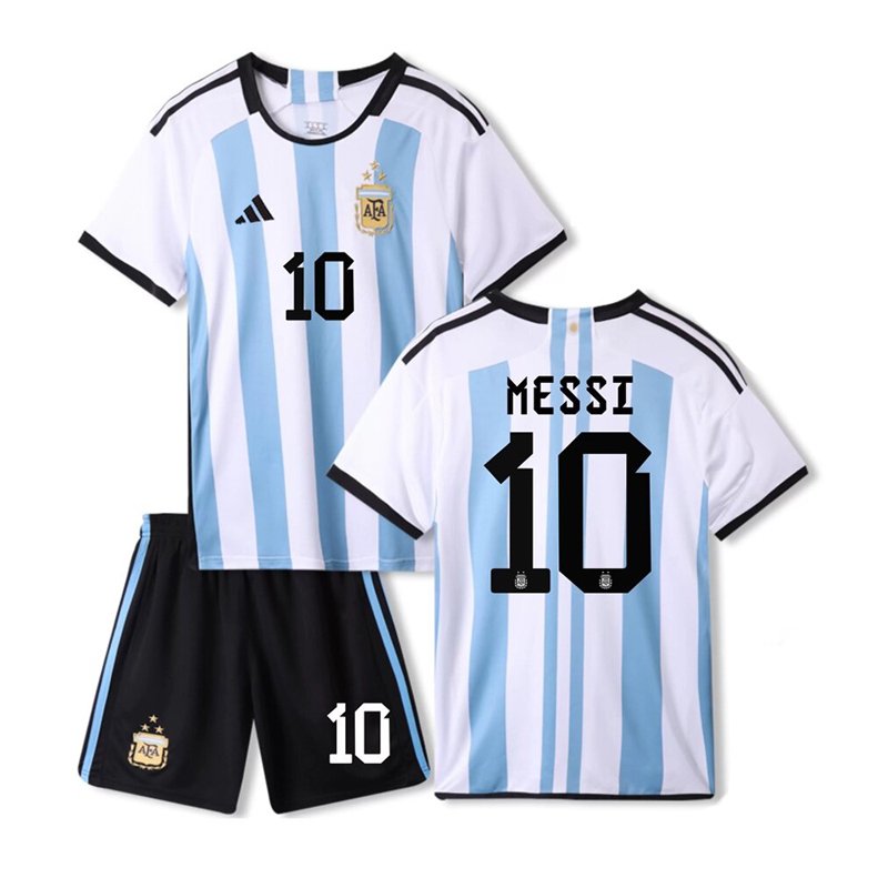Lionel Messi Argentina Three Star 22/23 Hjemmebanetrøje Børn Kortærmet + korte bukser