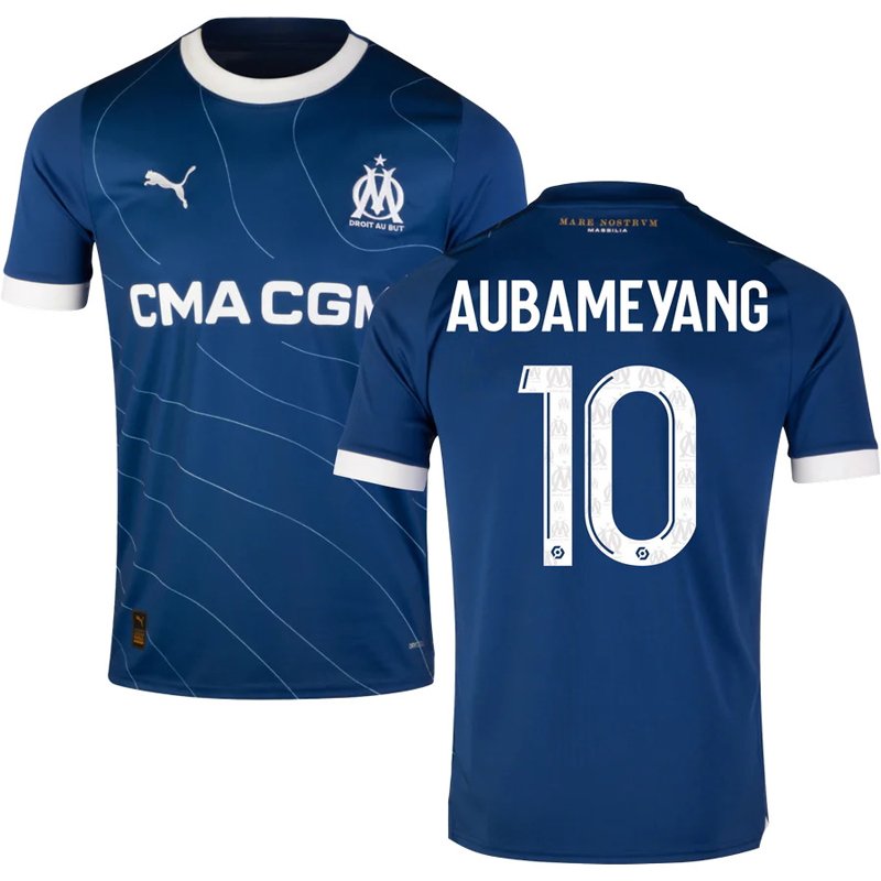 Fodboldtrøjer Marseille 23/24 Udebanetrøje Blå Kortærmet med Aubameyang 10 tryk