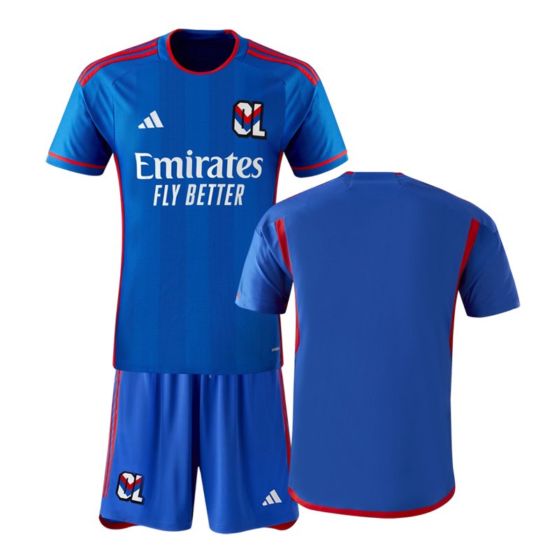 Fodboldtrøjer til børn Olympique Lyon Udebanetrøje 2023/24 Blå Kortærmet + korte bukser