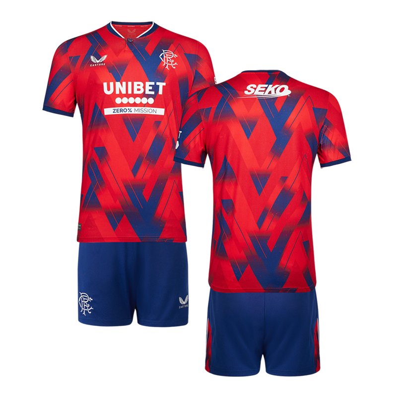 Fodboldtrøjer til børn Rangers FC 4th Shirt 2023-24 Rød Blå Kortærmet + korte bukser