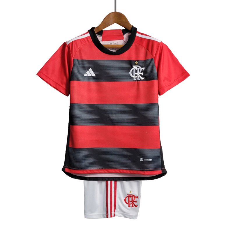 Flamengo Børn Hjemmebanetrøje 23/24 Rød Sort Kortærmet + Hvid korte bukser