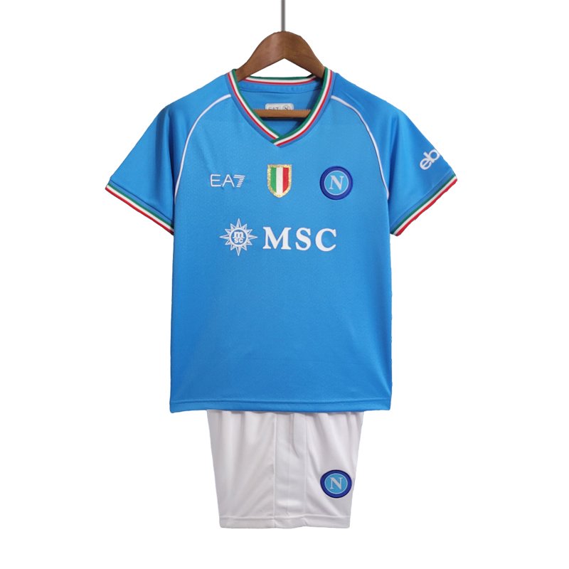 SSC Napoli Fodboldtøj Børn Hjemmebane Trøje 23-24 Blå Kortærmet + Hvid korte bukser