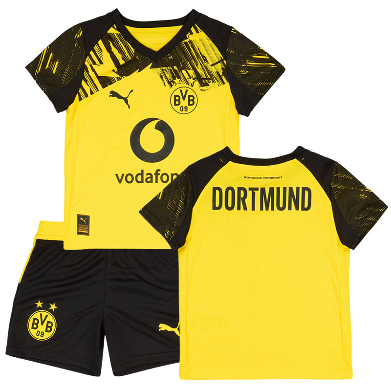 Borussia Dortmund 2025-26 hjemmetrøje til børn - gul fodboldtrøje og shorts