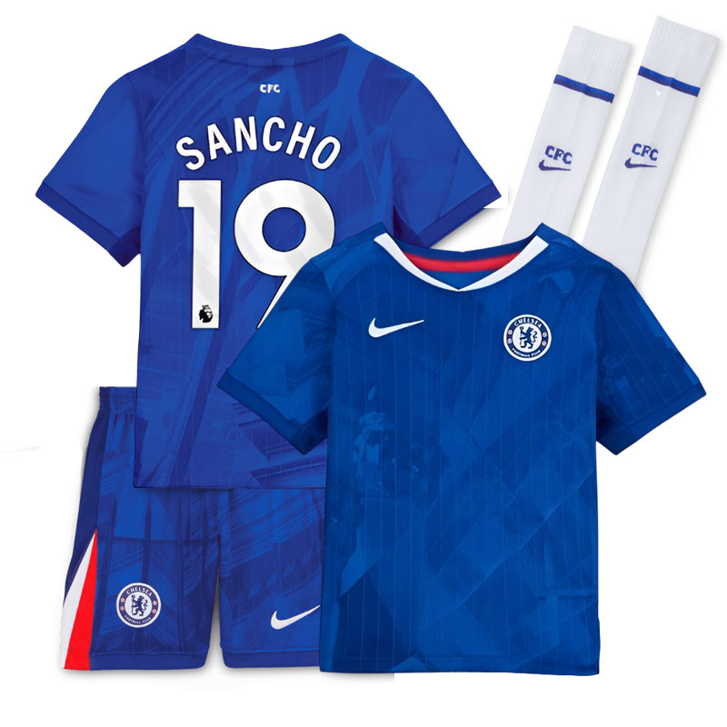 Chelsea hjemmebanetrøje børn 2025/26 - med Sancho 19 rygnummer