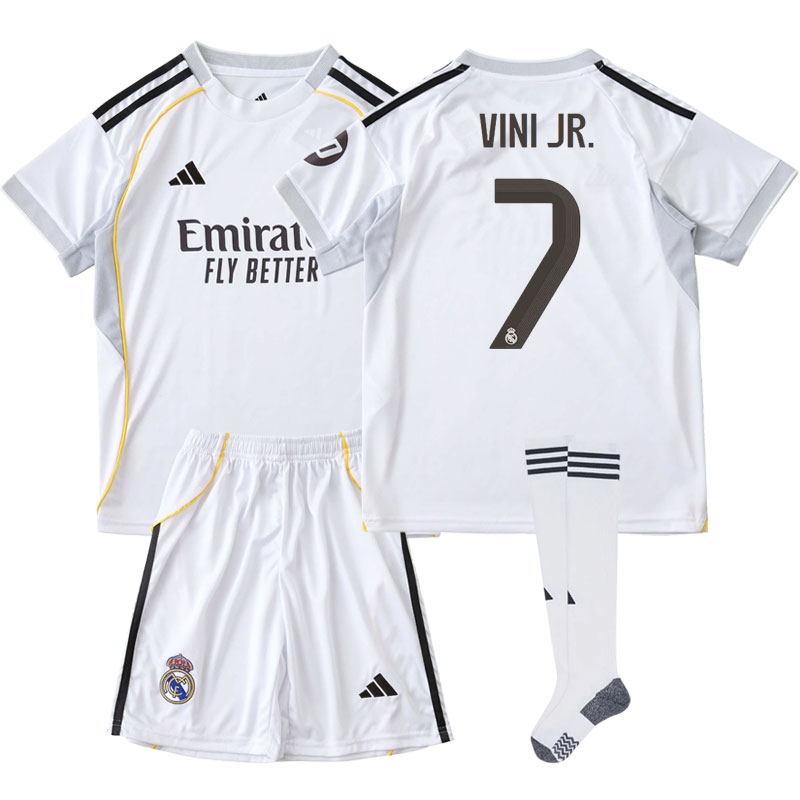 Børnefodboldsæt Real Madrid 2025-26 hjemme - med Vini Jr. 7 på ryggen
