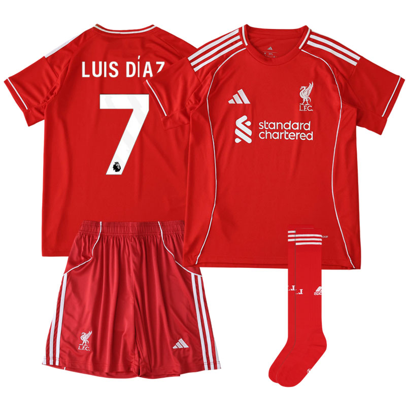 Liverpool FC børnesæt 2025-26 hjemme – med navn og nummer Luis Díaz 7