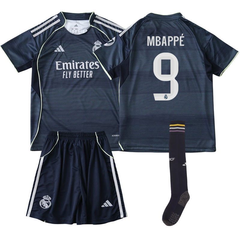Mbappé 9 Real Madrid børn 2025/26 udebanetrøje og shorts