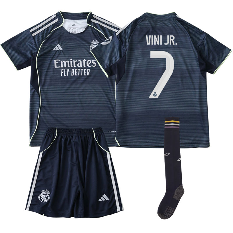 Real Madrid trøje børn 2025/26 - udebanesæt med Vini Jr. 7 på ryggen
