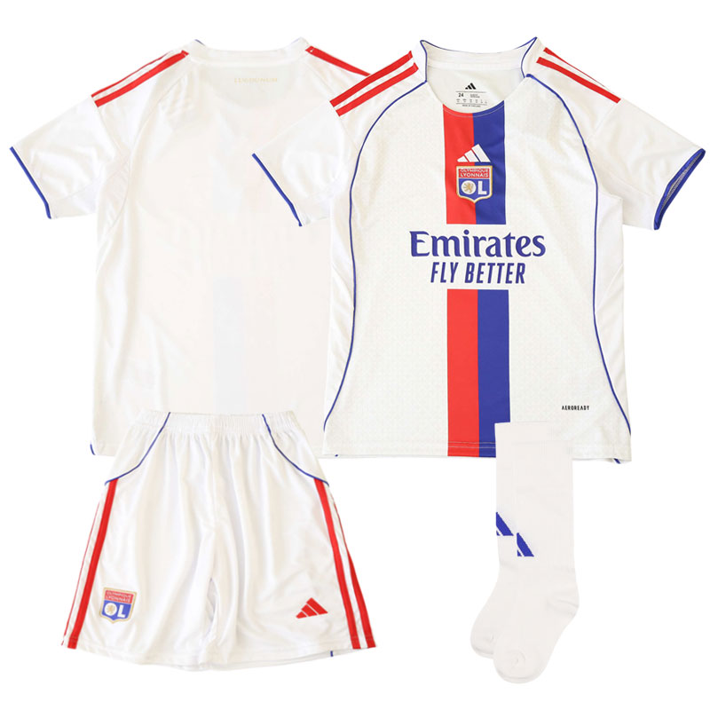 Børn 2025/26 Olympique Lyon hjemmebanetrøje og shorts fodboldsæt