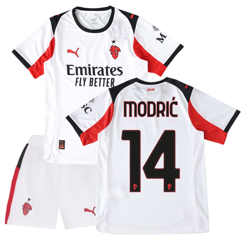 Børn AC Milan udebanetrøje 2025/26 med Modrić 14 og shorts