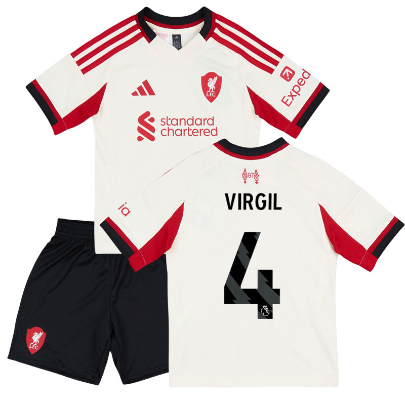 Børne Liverpool udebanetrøje 2025/26 med shorts – VIRGIL 4 tryk