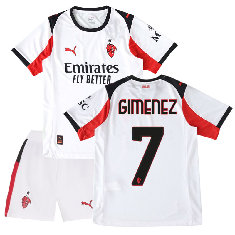 Giménez 7 AC Milan udebanesæt børn 2025/26 - hvid fodboldtrøje + shorts