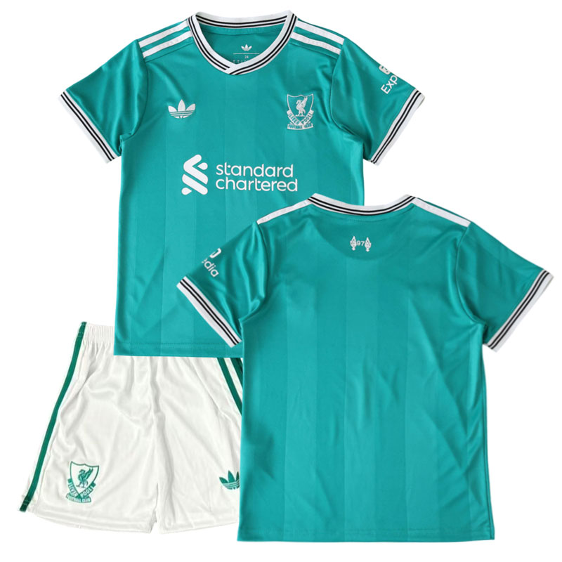 Liverpool tredje trøje 2025/26 børn - grøn fodboldtrøje med shorts