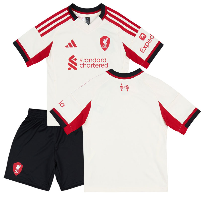 Liverpool udebanesæt 2025/26 til børn – fodboldtrøje og shorts