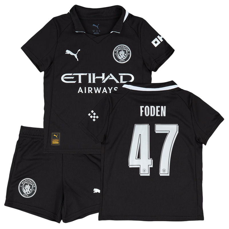 Manchester City børnesæt 25/26 sort udebanetrøje med Foden 47 og shorts