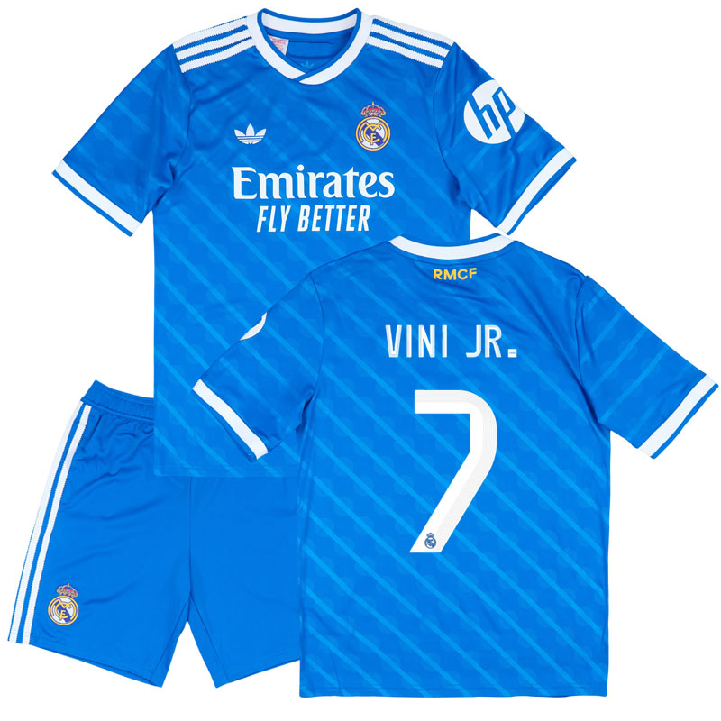 Real Madrid tredje fodboldtrøje børn 2025/26 - blå sæt med Vini Jr. 7 på ryggen