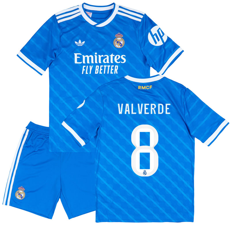 Real Madrid tredje kit 2025/26 børn - blå trøje og shorts med Valverde 8 tryk