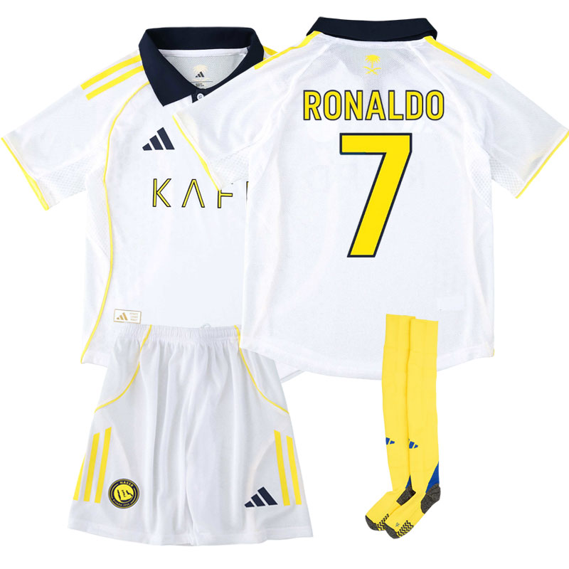 Al-Nassr FC børn tredje trøje 2025/26 - hvidt fodboldsæt med Ronaldo 7 tryk