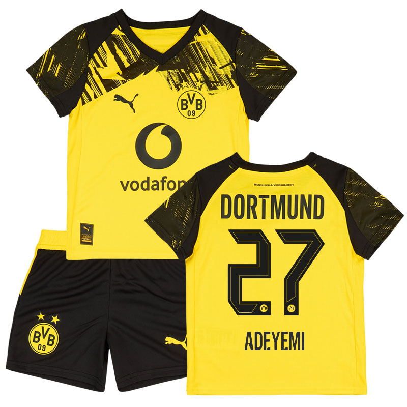 Dortmund 25/26 børne fodboldsæt - Adeyemi 27 hjemmetrøje og shorts