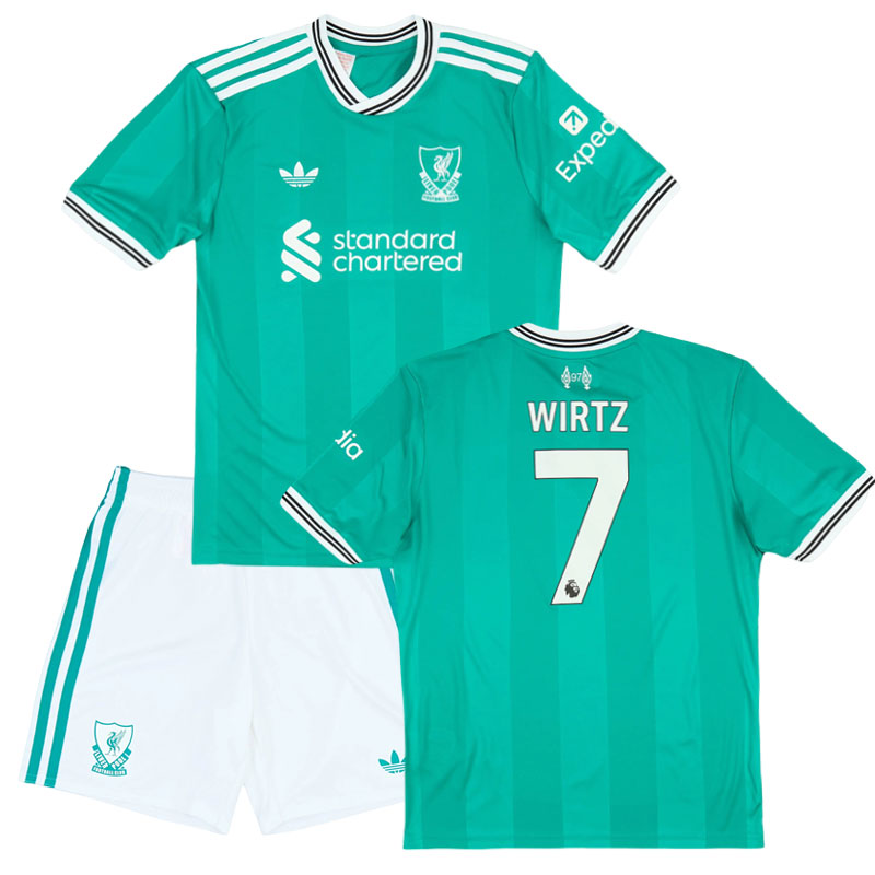 Liverpool børne fodboldtrøje 2025/26 - tredjetrøje med shorts og Wirtz 7 tryk