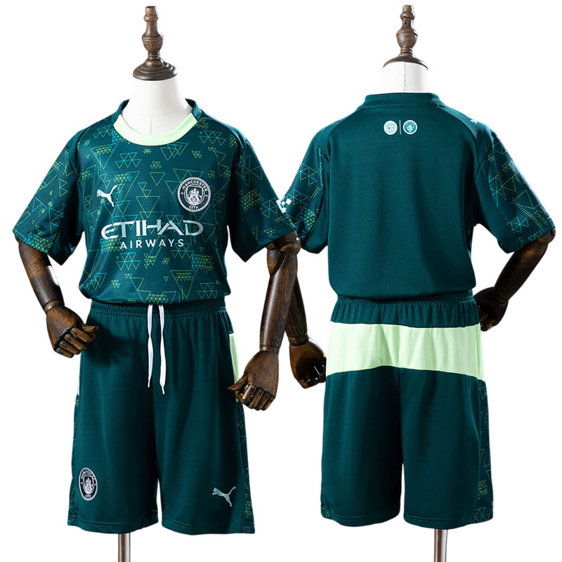 Man City 2025/26 børne fodboldsæt - grøn fourth trøje og shorts