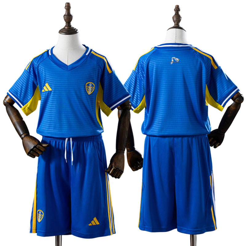 Leeds United 2025/26 udebanetrøje til børn – blåt fodboldsæt