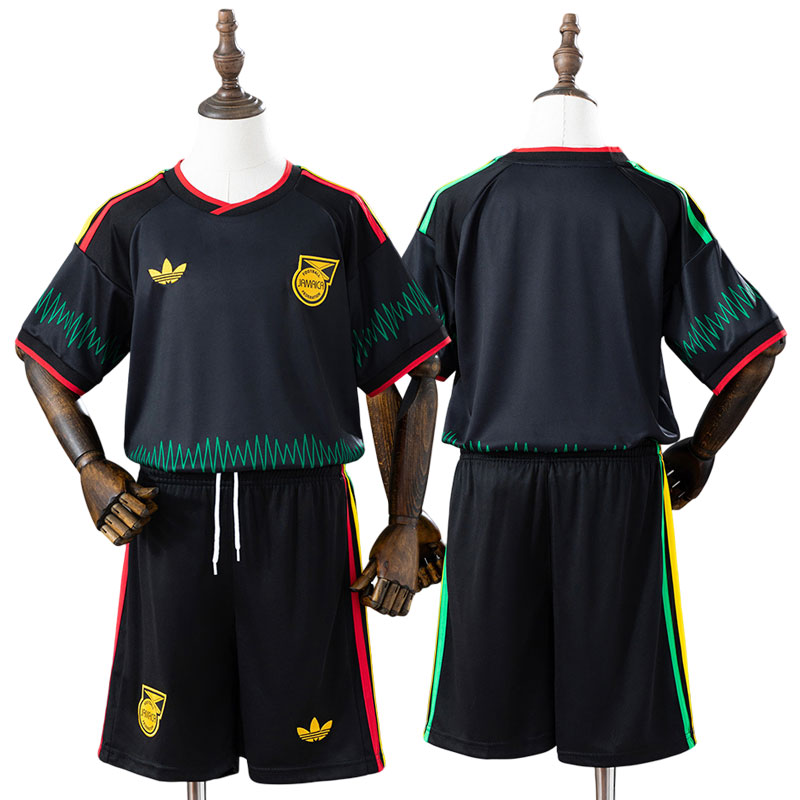 Jamaica 2026 udebanetrøje børn – sort fodboldsæt + shorts