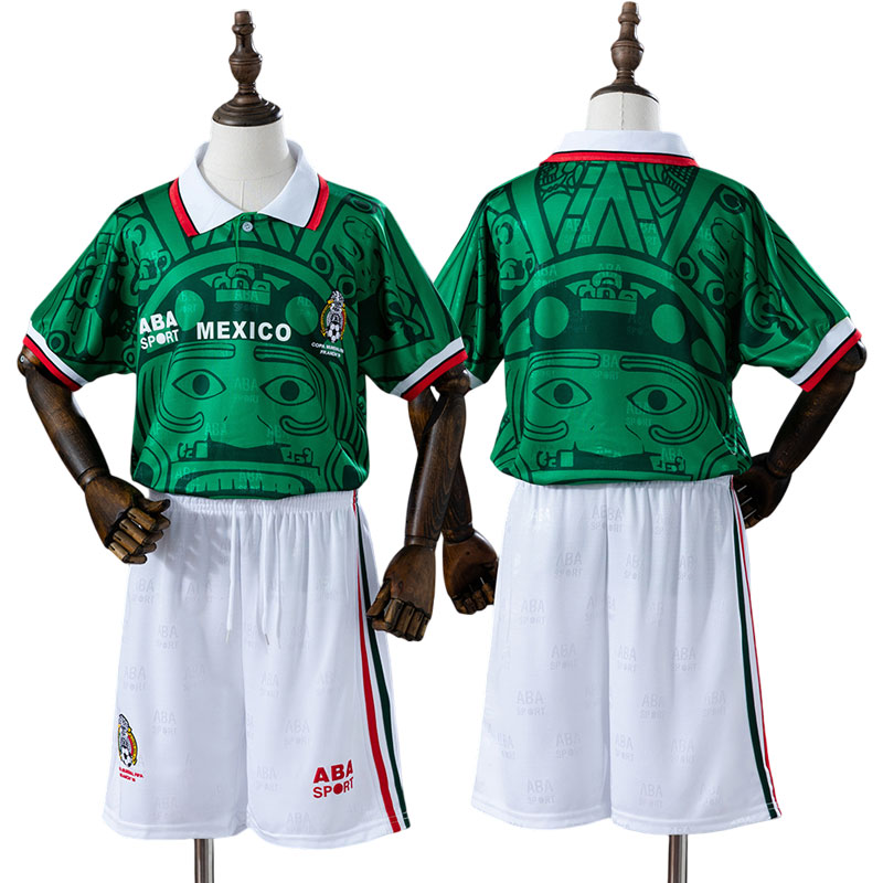 Mexico 1998 retro fodbold trøje børn - grøn hjemmebanetrøje med shorts