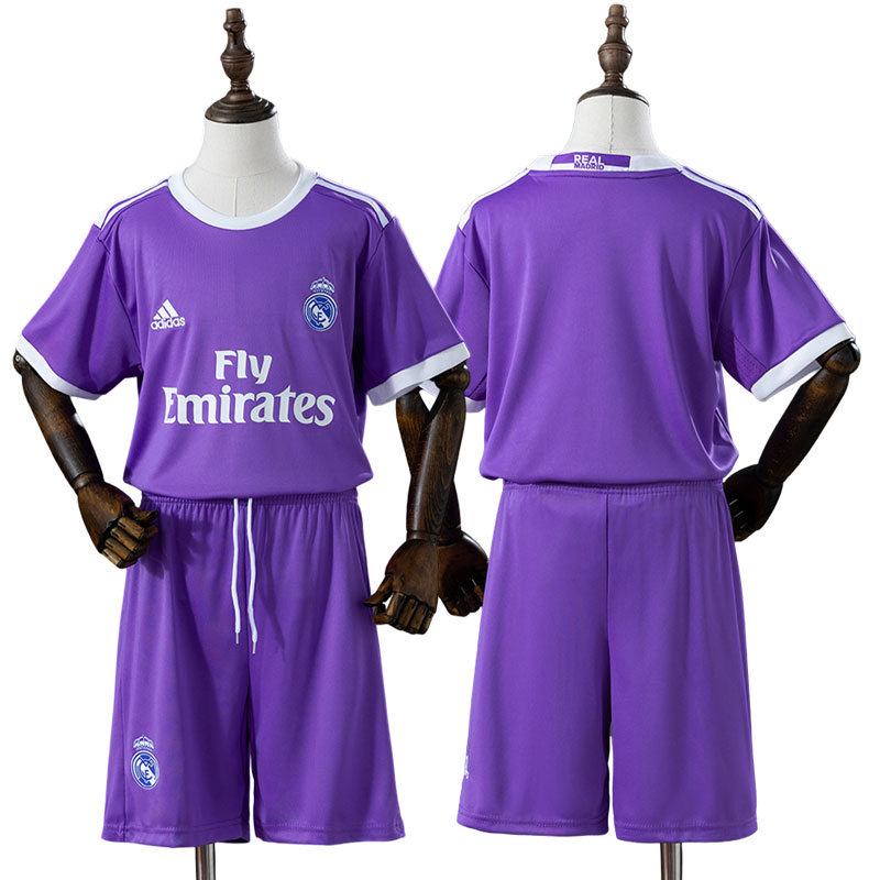 Real Madrid 16/17 retro udebanetrøje til børn – lilla fodbold trøje sæt